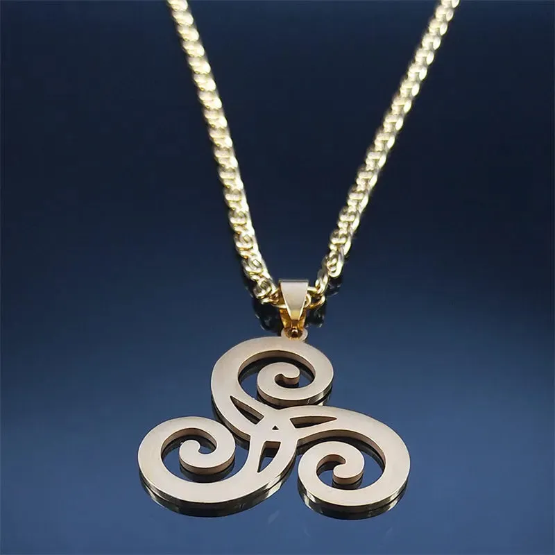 Celtics Triskele Triskelion Necklace Stainless Steel Gold Color Triple Spiral Pendant Necklaces