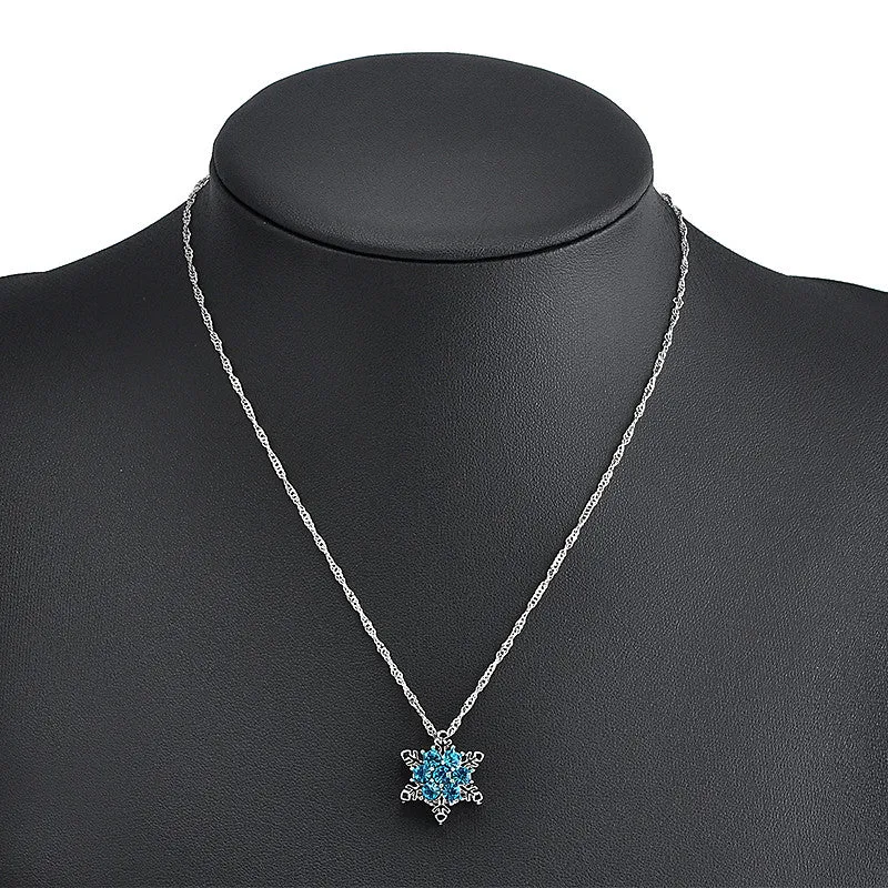 Charm Vintage lady Blue Crystal Snowflake Zircon Flower Silver Necklaces & Pendants Jewelry for Women