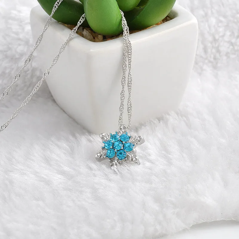 Charm Vintage lady Blue Crystal Snowflake Zircon Flower Silver Necklaces & Pendants Jewelry for Women