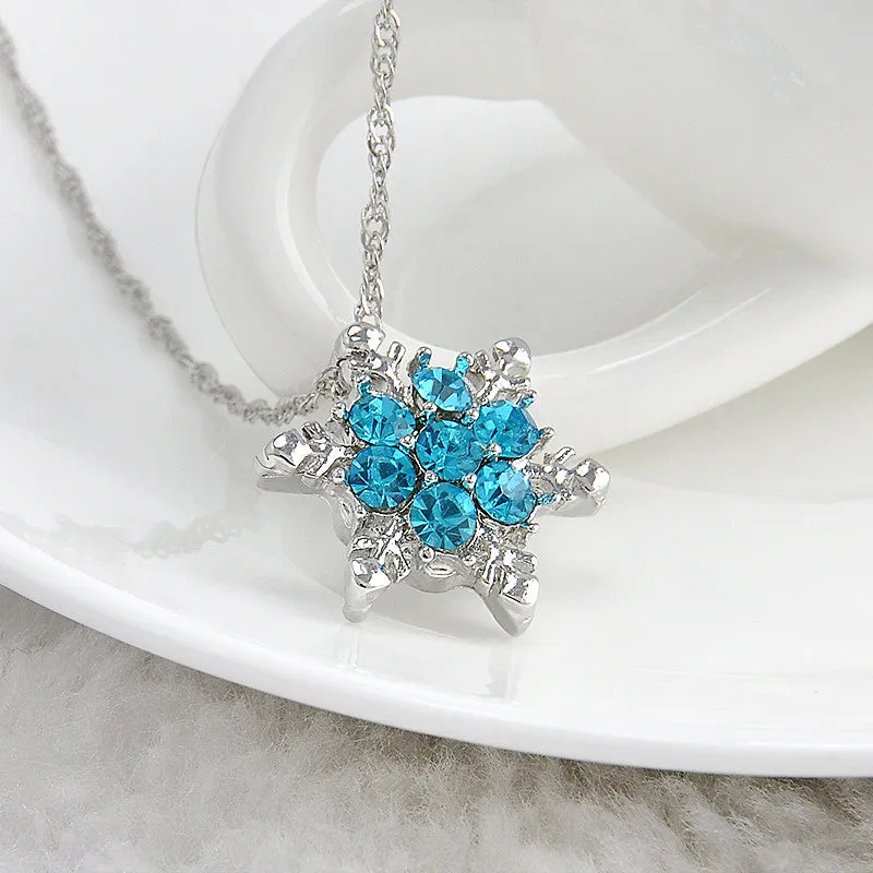 Charm Vintage lady Blue Crystal Snowflake Zircon Flower Silver Necklaces & Pendants Jewelry for Women