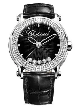 Chopard Happy Sport Round Diamond Black Dial Black Leather Ladies Watch 288525-3006