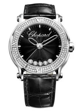 Chopard Happy Sport Round Diamond Black Dial Black Leather Ladies Watch 288525-3006