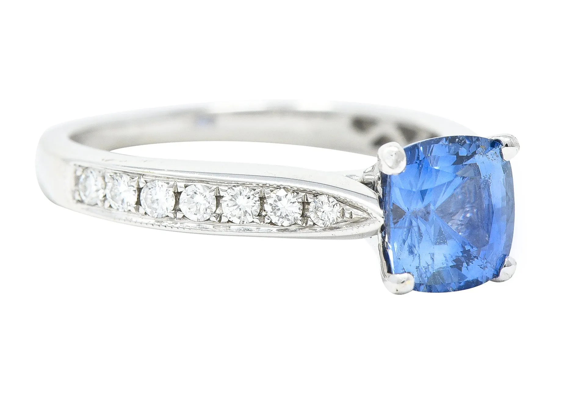 Contemporary 1.38 CTW Cushion Sapphire Diamond 18 Karat White Gold Gemstone Ring