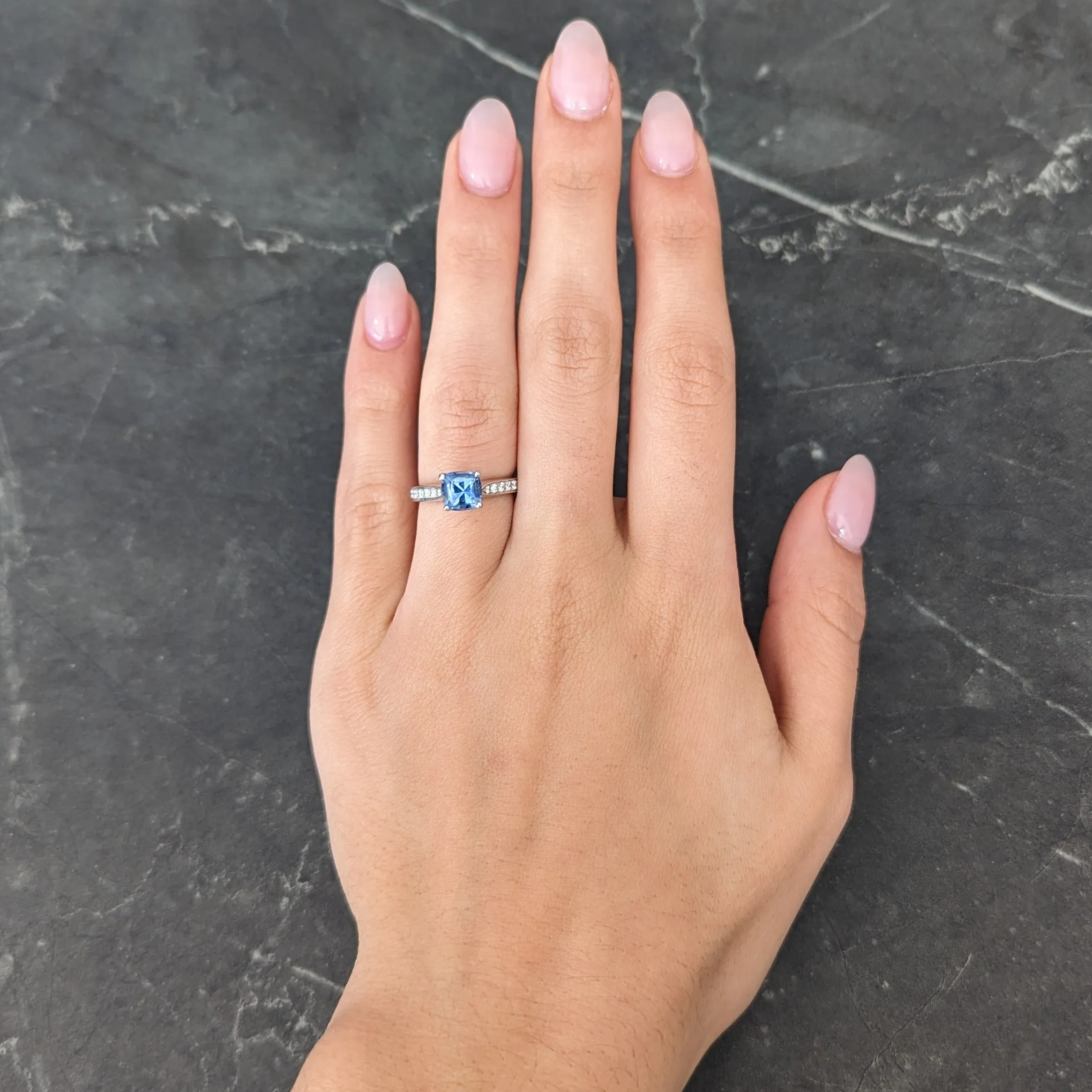 Contemporary 1.38 CTW Cushion Sapphire Diamond 18 Karat White Gold Gemstone Ring