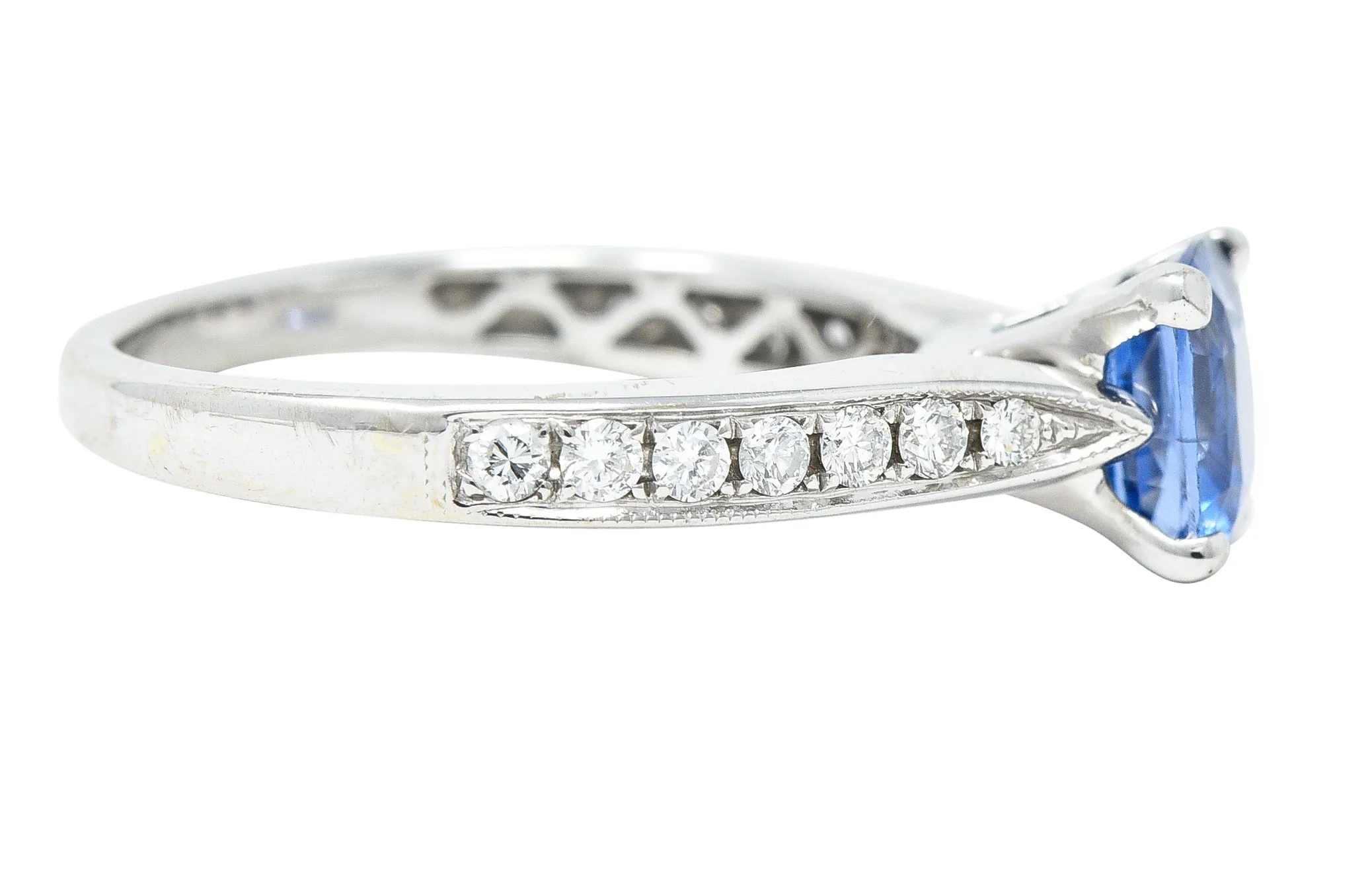 Contemporary 1.38 CTW Cushion Sapphire Diamond 18 Karat White Gold Gemstone Ring