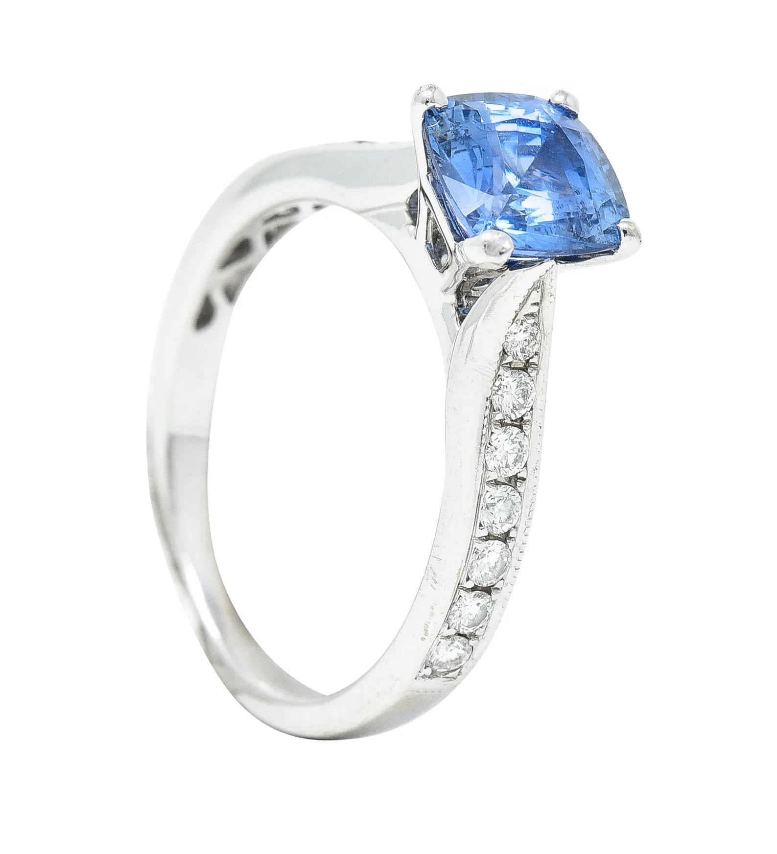 Contemporary 1.38 CTW Cushion Sapphire Diamond 18 Karat White Gold Gemstone Ring