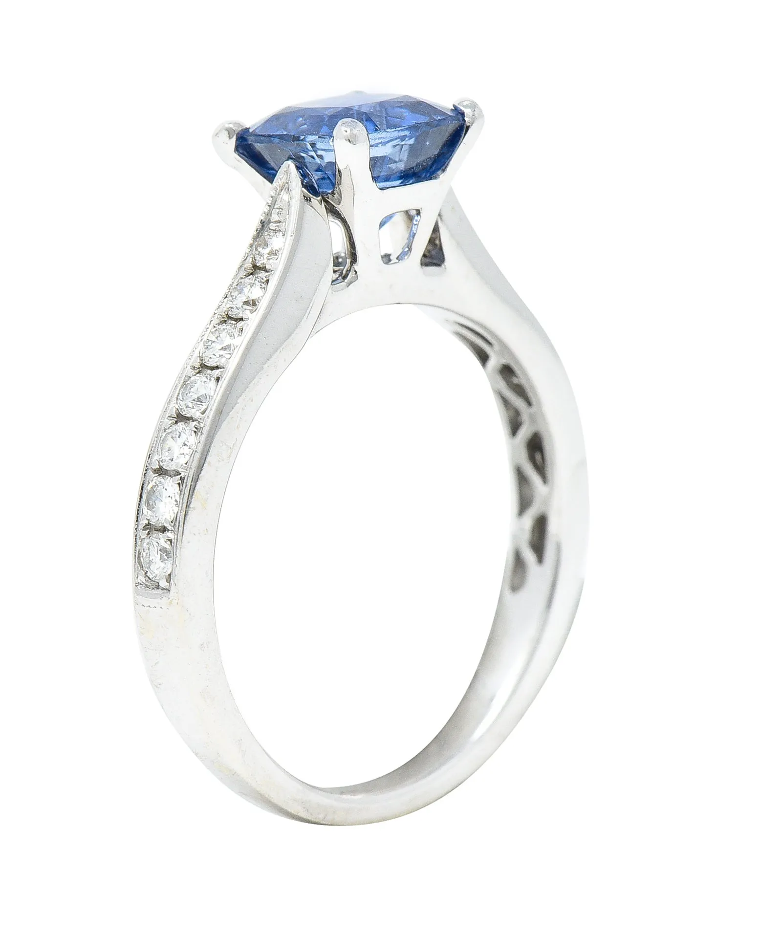 Contemporary 1.38 CTW Cushion Sapphire Diamond 18 Karat White Gold Gemstone Ring