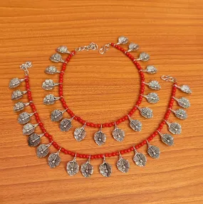 CORAL BEADS OXIDISED FLOWER PATTERN ANKLETS