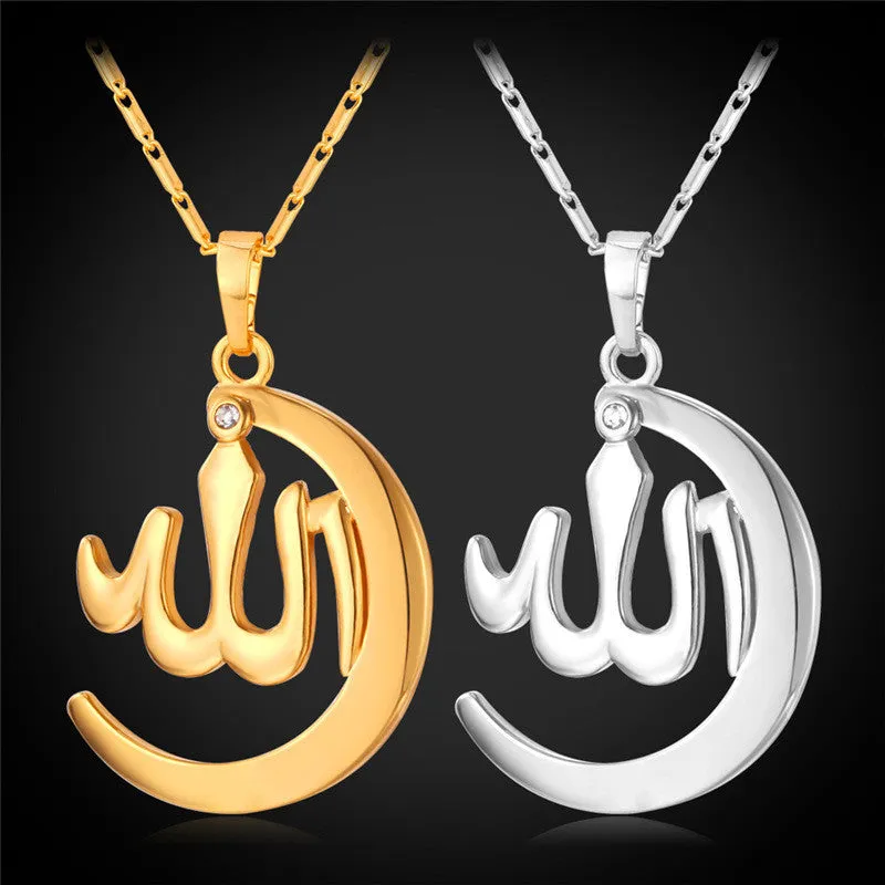 Crescent Allah Pendant Necklace For Women/Men Yellow Gold/Platinum Plated Vintage Religion Muslim Islam Moon Jewelry