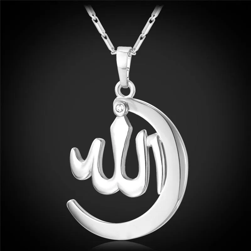 Crescent Allah Pendant Necklace For Women/Men Yellow Gold/Platinum Plated Vintage Religion Muslim Islam Moon Jewelry