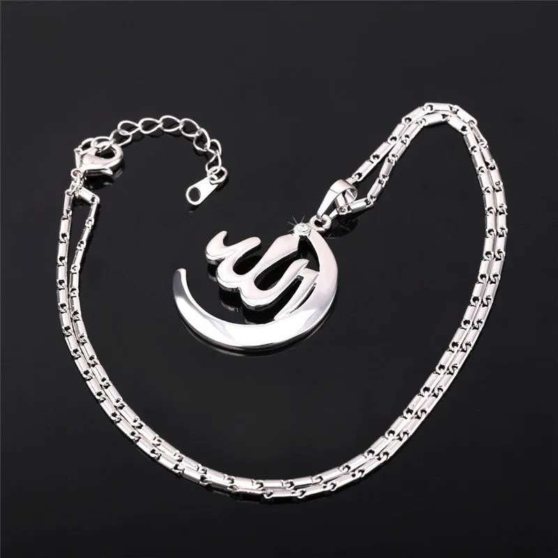 Crescent Allah Pendant Necklace For Women/Men Yellow Gold/Platinum Plated Vintage Religion Muslim Islam Moon Jewelry