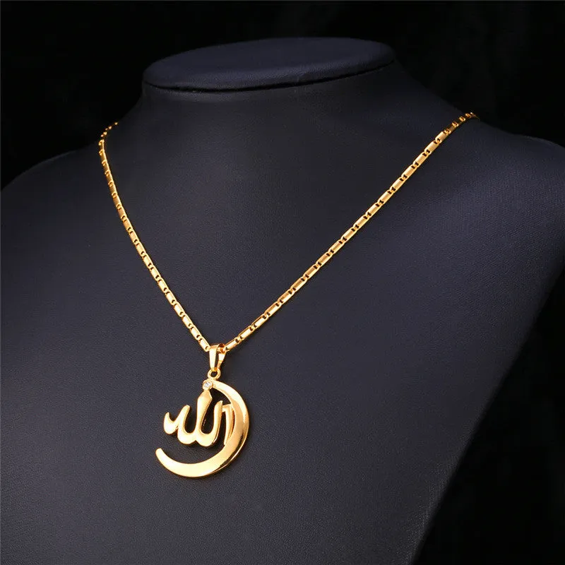 Crescent Allah Pendant Necklace For Women/Men Yellow Gold/Platinum Plated Vintage Religion Muslim Islam Moon Jewelry
