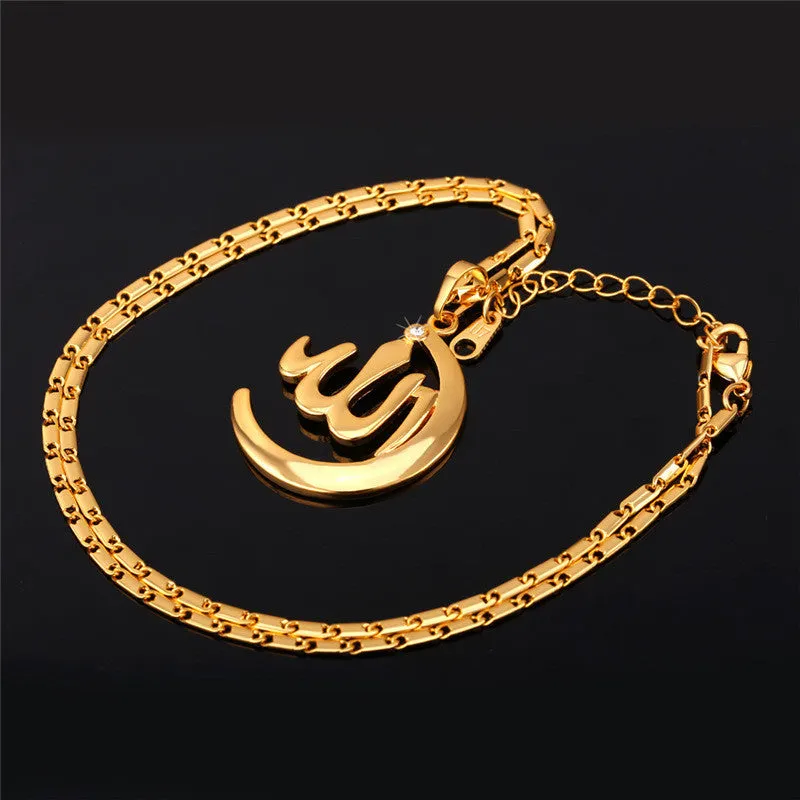 Crescent Allah Pendant Necklace For Women/Men Yellow Gold/Platinum Plated Vintage Religion Muslim Islam Moon Jewelry