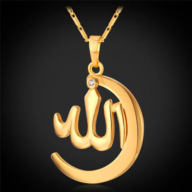 Crescent Allah Pendant Necklace For Women/Men Yellow Gold/Platinum Plated Vintage Religion Muslim Islam Moon Jewelry