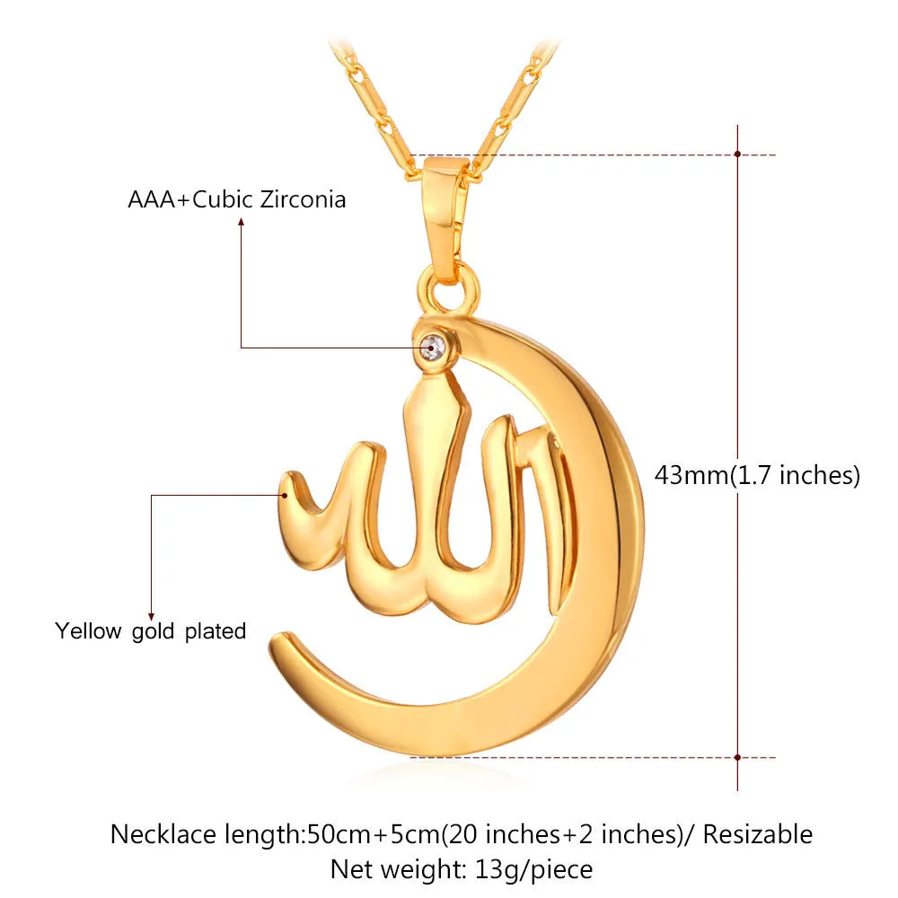 Crescent Allah Pendant Necklace For Women/Men Yellow Gold/Platinum Plated Vintage Religion Muslim Islam Moon Jewelry