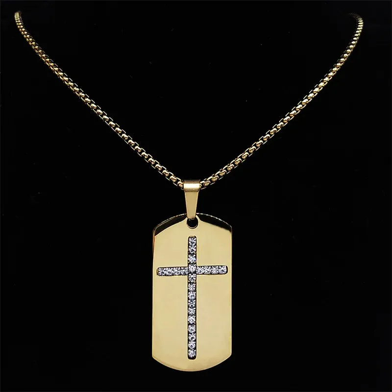Cross Pendant Necklace Women/Men Crystal Stainless Steel Gold Color Chain Necklaces