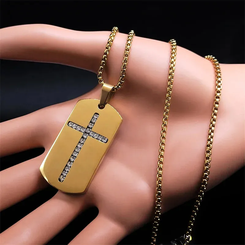 Cross Pendant Necklace Women/Men Crystal Stainless Steel Gold Color Chain Necklaces