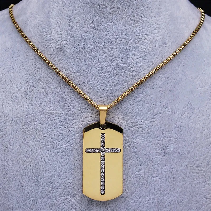 Cross Pendant Necklace Women/Men Crystal Stainless Steel Gold Color Chain Necklaces
