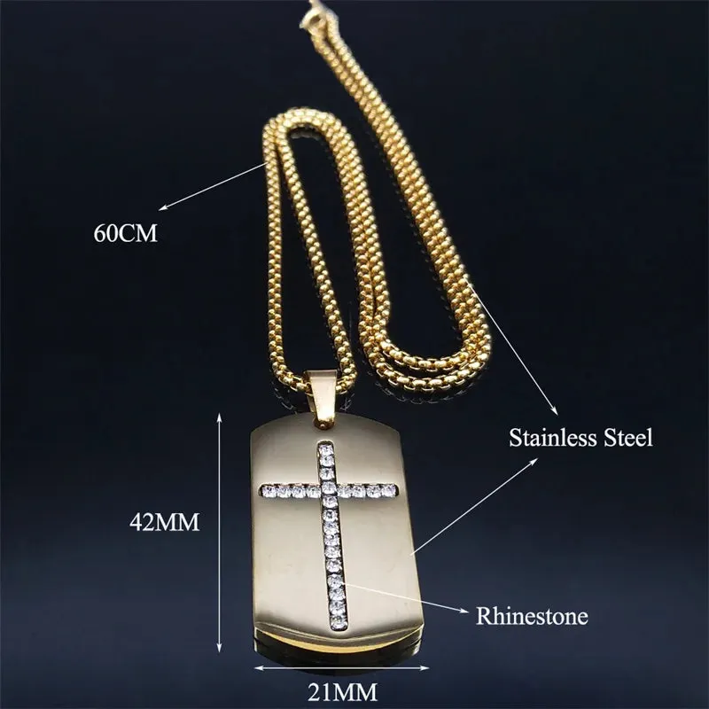 Cross Pendant Necklace Women/Men Crystal Stainless Steel Gold Color Chain Necklaces
