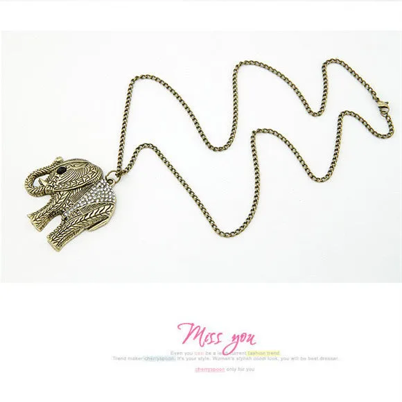 Fashion Elephant Ethnic Necklace Full Crystal Thailand Elephant Pendant Sweater Long Chain Fine Necklace For Women