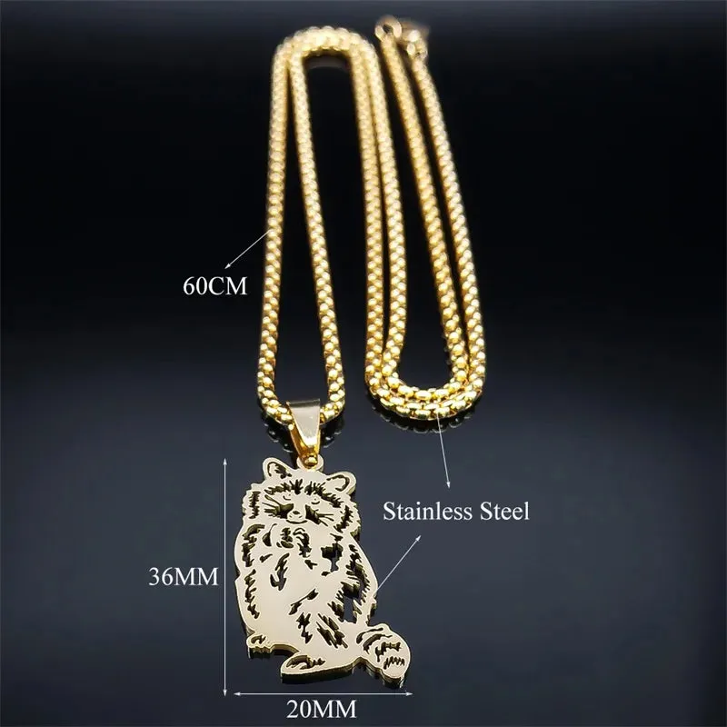 Fashion Raccoon Pendant Necklace for Women/Men Gold Color Stainless Steel Animal Chain Necklaces