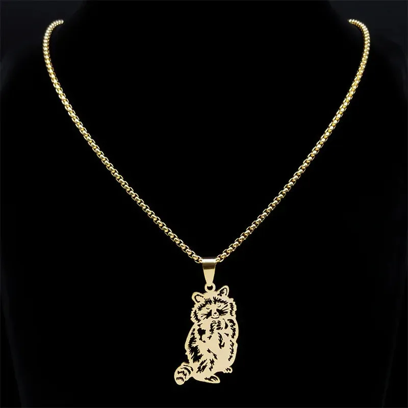 Fashion Raccoon Pendant Necklace for Women/Men Gold Color Stainless Steel Animal Chain Necklaces