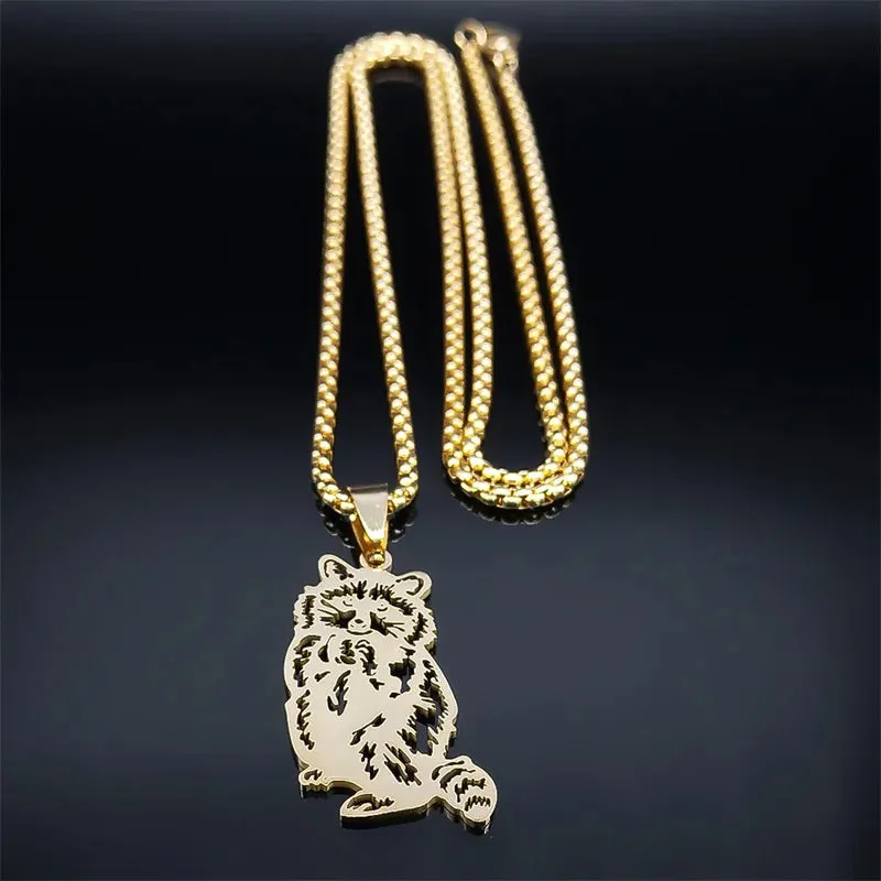 Fashion Raccoon Pendant Necklace for Women/Men Gold Color Stainless Steel Animal Chain Necklaces