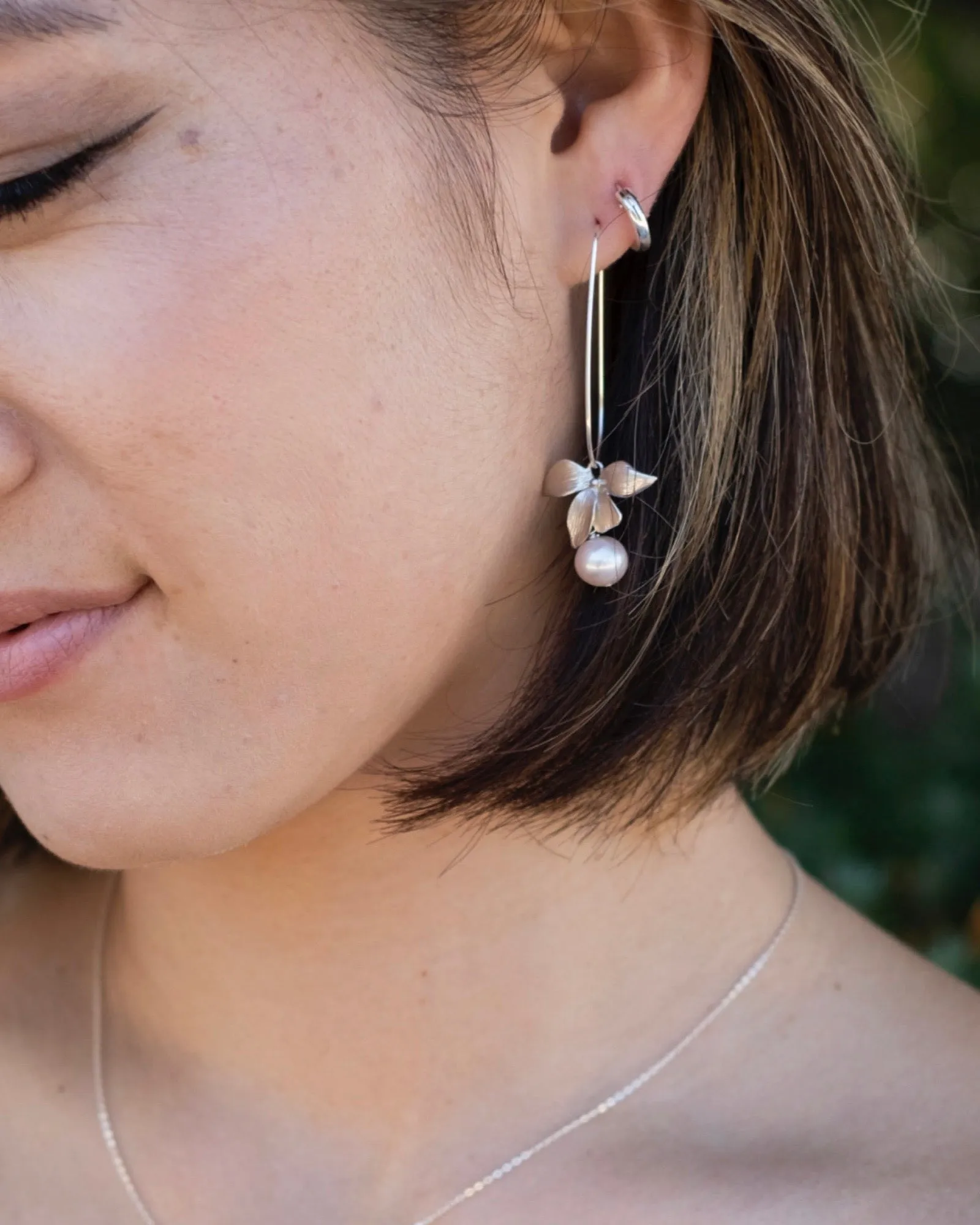 Floral Pearl U Hoop Earrings (Silver)