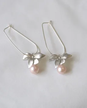Floral Pearl U Hoop Earrings (Silver)