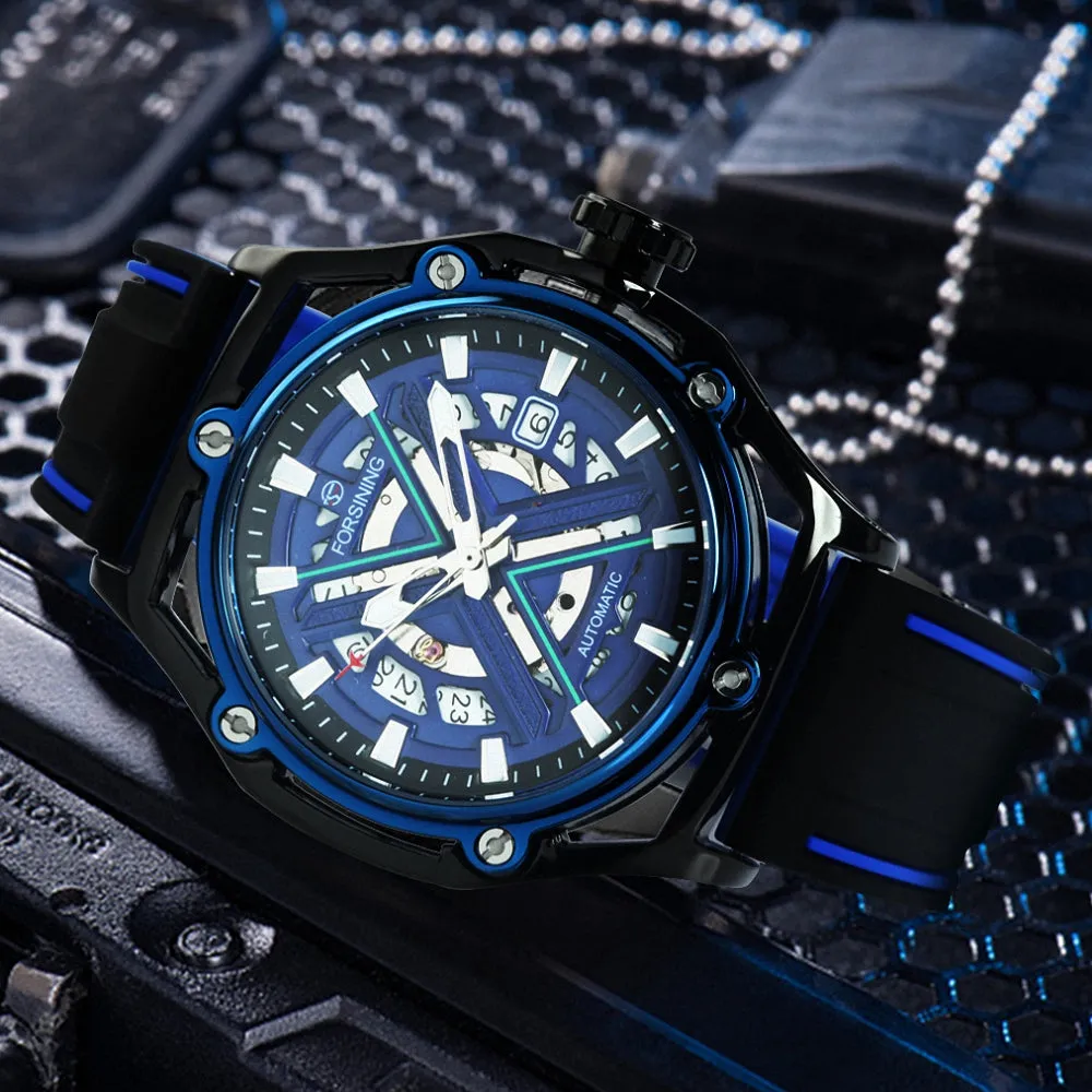 Forsining Sports Automatic Mechanical Watch for Men Calendar Hollow Out Dial TM477G