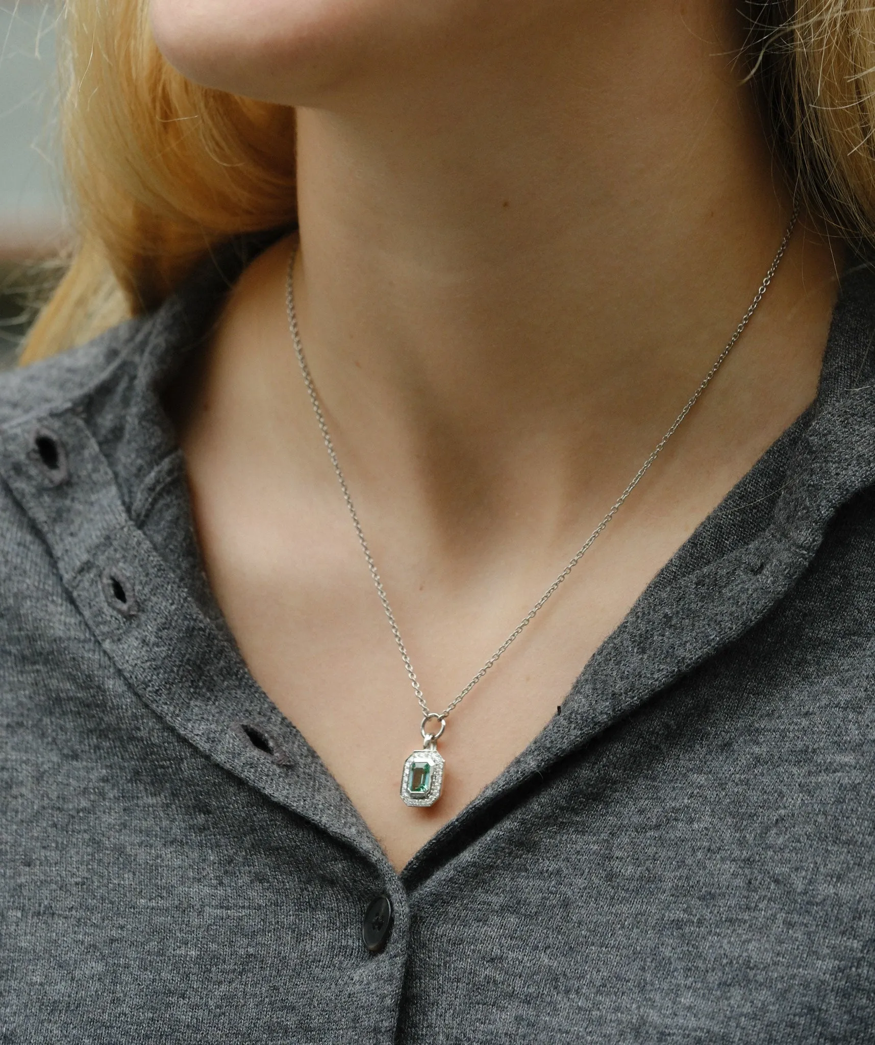 FRAME Mint Tourmaline Platinum Necklace with Diamond Halo