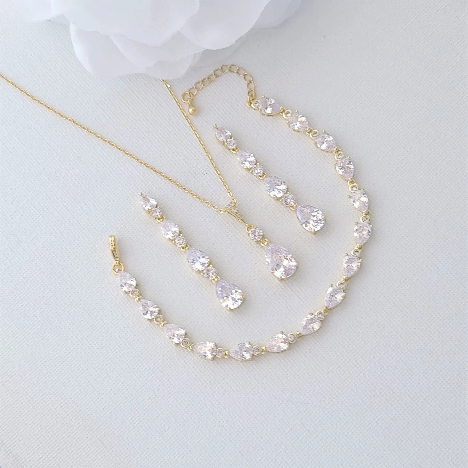 Gold Bracelet Earrings and Necklace Wedding Jewelry Set-Hazel