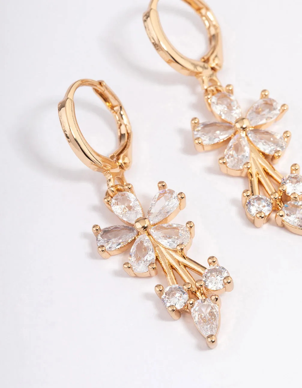 Gold Plated Cubic Zirconia Flower Drop Huggie Earrings
