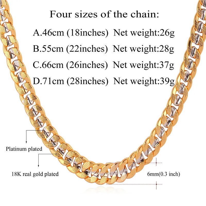 Hiphop Yellow Gold Plated Two Tone Chains For Men Fashion Jewelry 18'' 22'' 26'' 6MM Kpop Choker/Long Cuban Link Necklace
