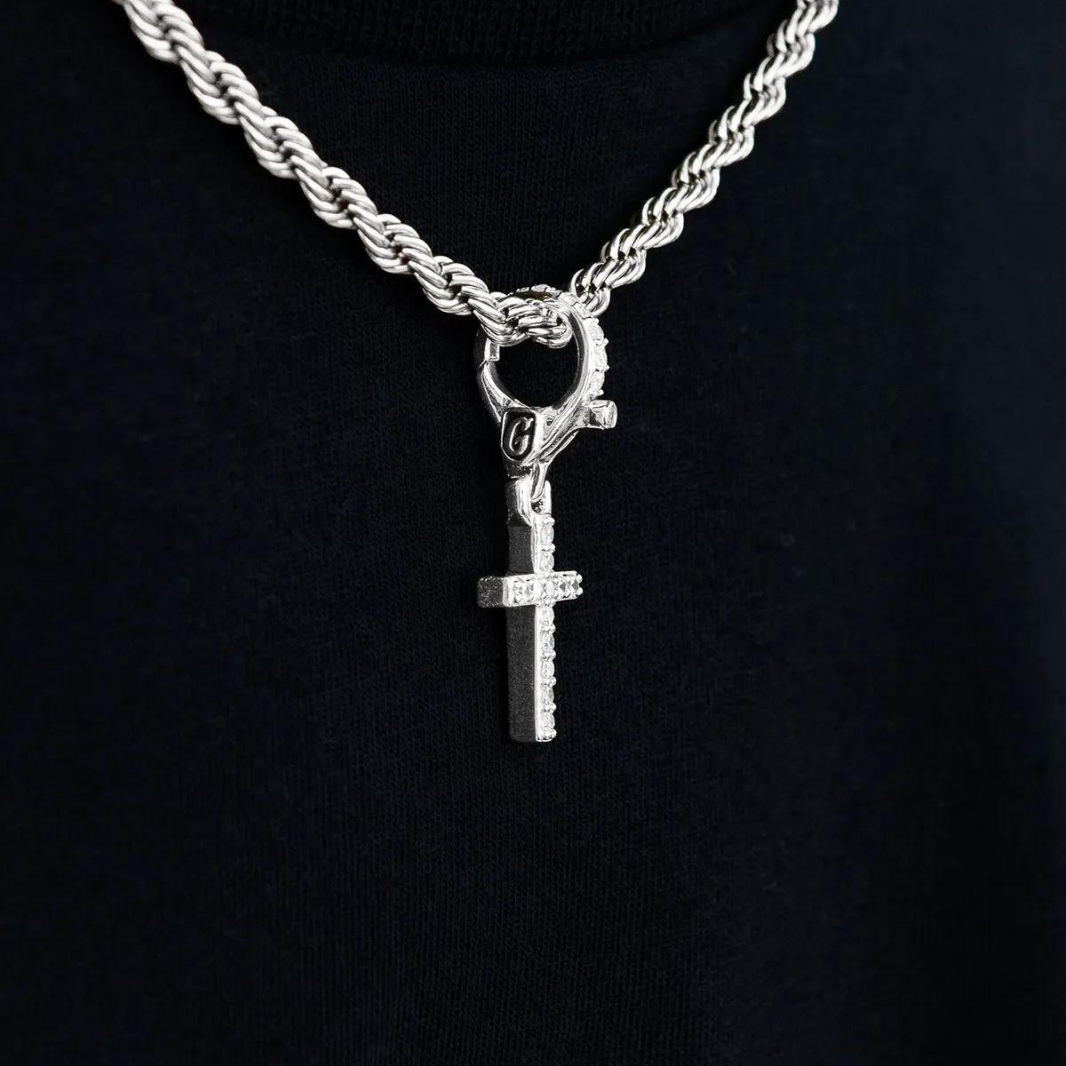 Iced Micro Cross Clip On Pendant in White Gold