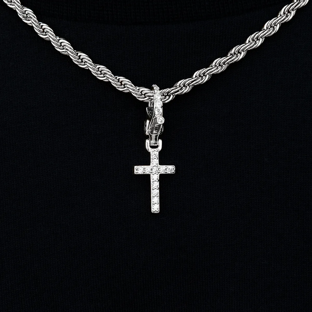 Iced Micro Cross Clip On Pendant in White Gold