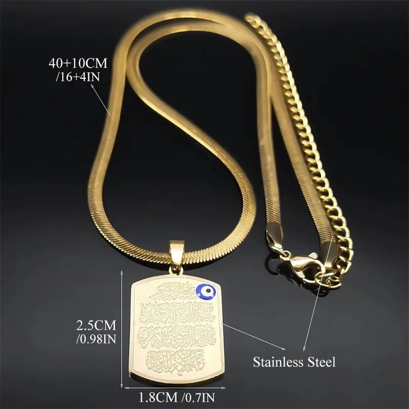 Islam Quran Blue Eye Amulet Pendant Necklace for Men Women Stainless Steel Gold Color