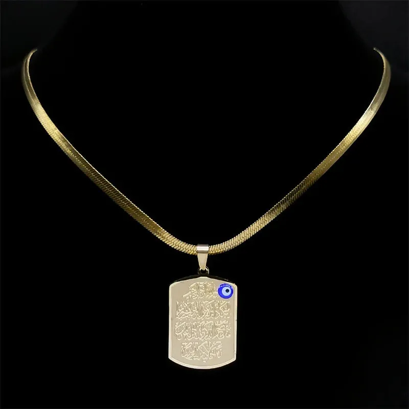 Islam Quran Blue Eye Amulet Pendant Necklace for Men Women Stainless Steel Gold Color