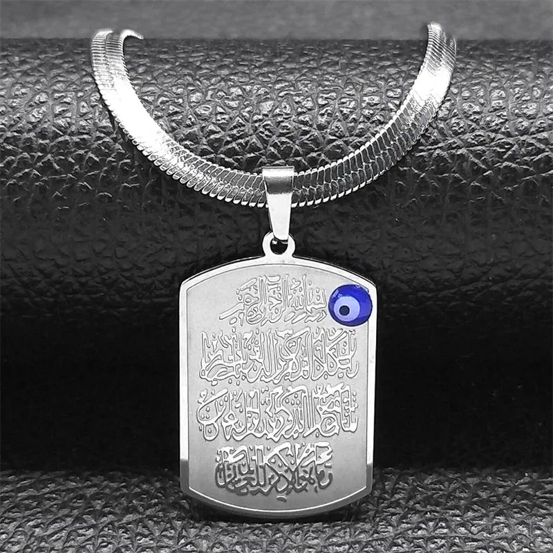 Islam Quran Blue Eye Amulet Pendant Necklace for Men Women Stainless Steel Gold Color