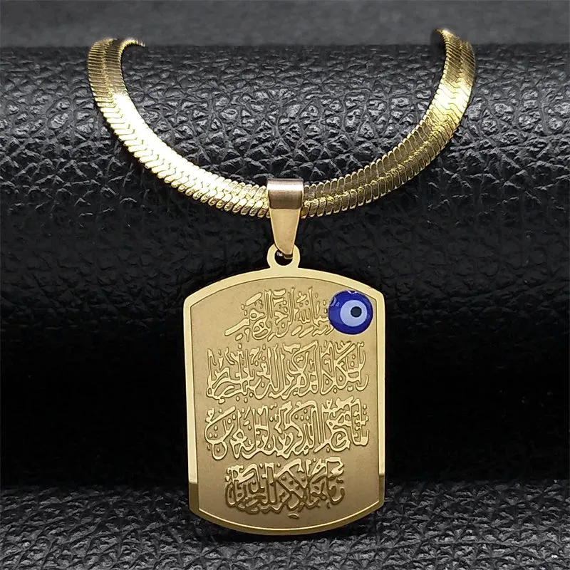 Islam Quran Blue Eye Amulet Pendant Necklace for Men Women Stainless Steel Gold Color