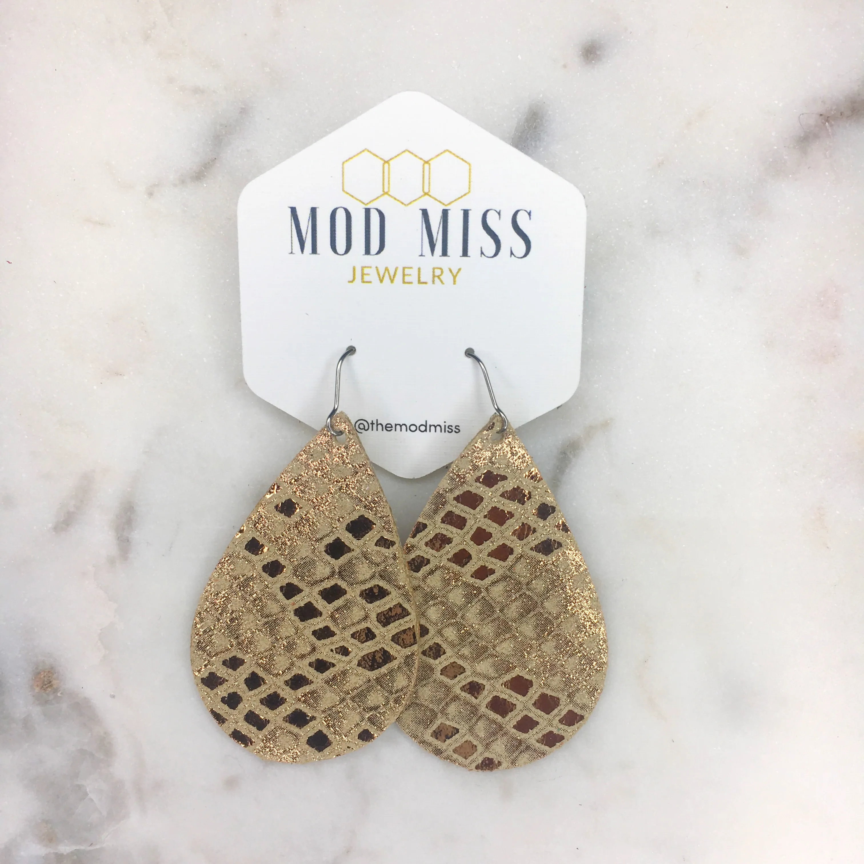 Leather Teardrop Earring "Snakeskin Rose Gold"