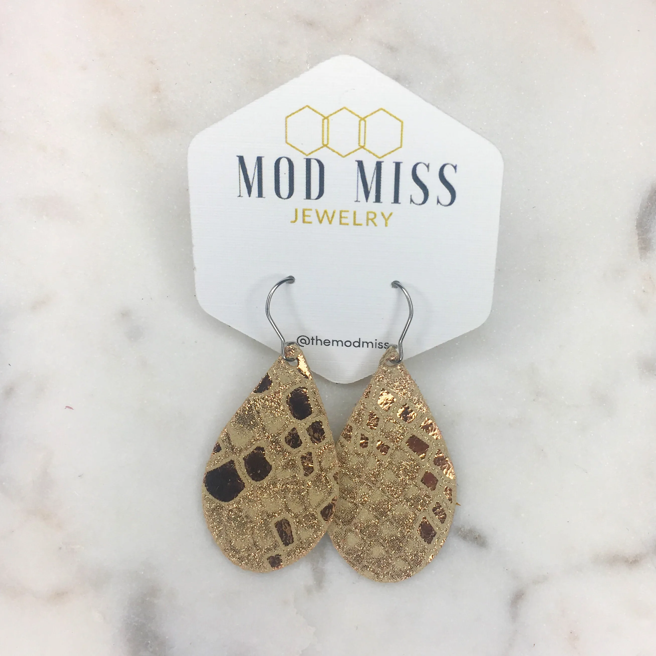 Leather Teardrop Earring "Snakeskin Rose Gold"