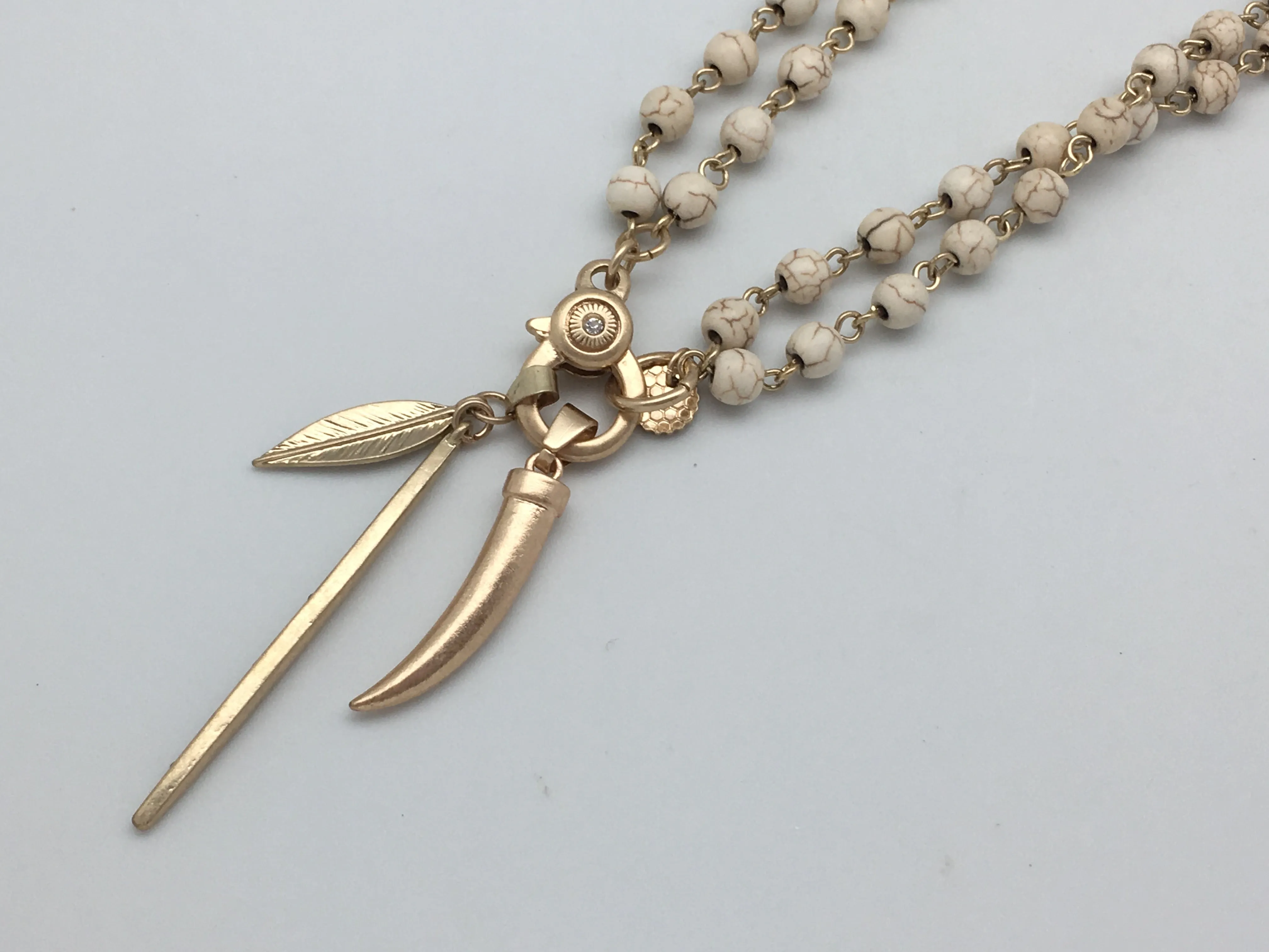 Marlyn Schiff Leopard Jasper Charm Necklace with Double Gold Leaf & Crystal Spire Charm