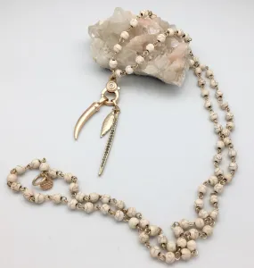 Marlyn Schiff Leopard Jasper Charm Necklace with Double Gold Leaf & Crystal Spire Charm