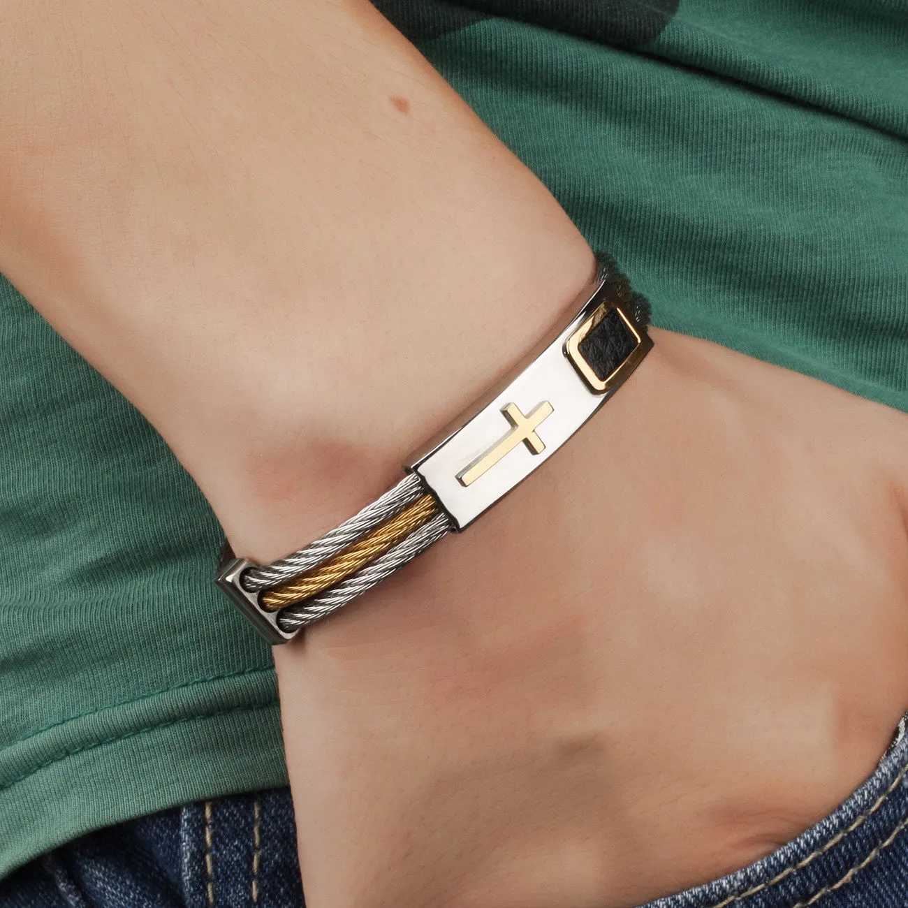 Men's 3Rows Wire Chain Bracelet Bangles Fashion Punk Stainless Steel Cross Men Hale Fine Christian Jewelry