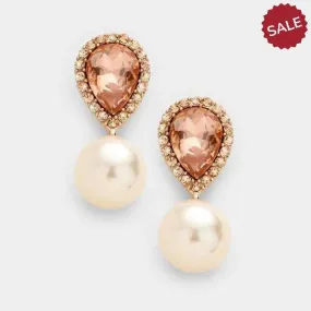 Miro Peach Crystal Teardrop & Pearl Rose Gold Earrings