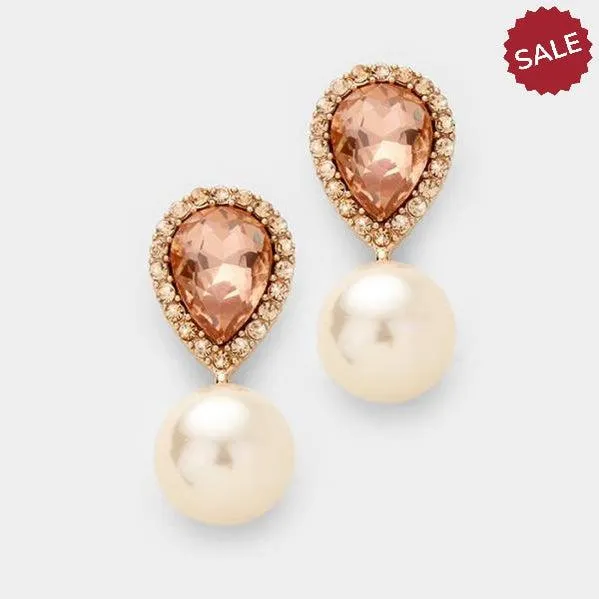 Miro Peach Crystal Teardrop & Pearl Rose Gold Earrings