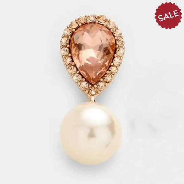 Miro Peach Crystal Teardrop & Pearl Rose Gold Earrings