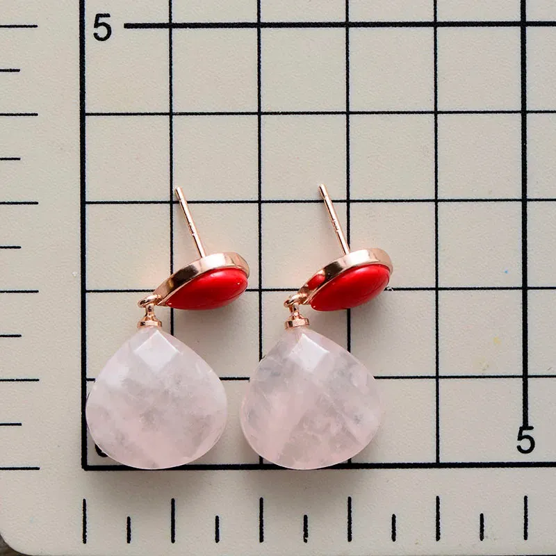 Natural Rose Quartz Teardrop Gemstone Stud Earrings