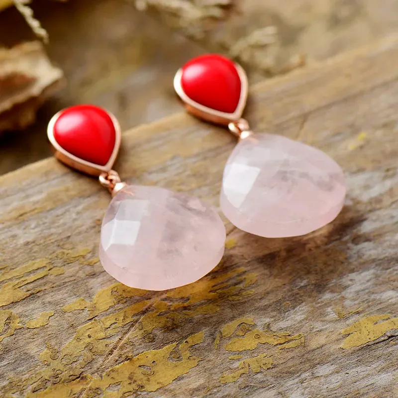 Natural Rose Quartz Teardrop Gemstone Stud Earrings